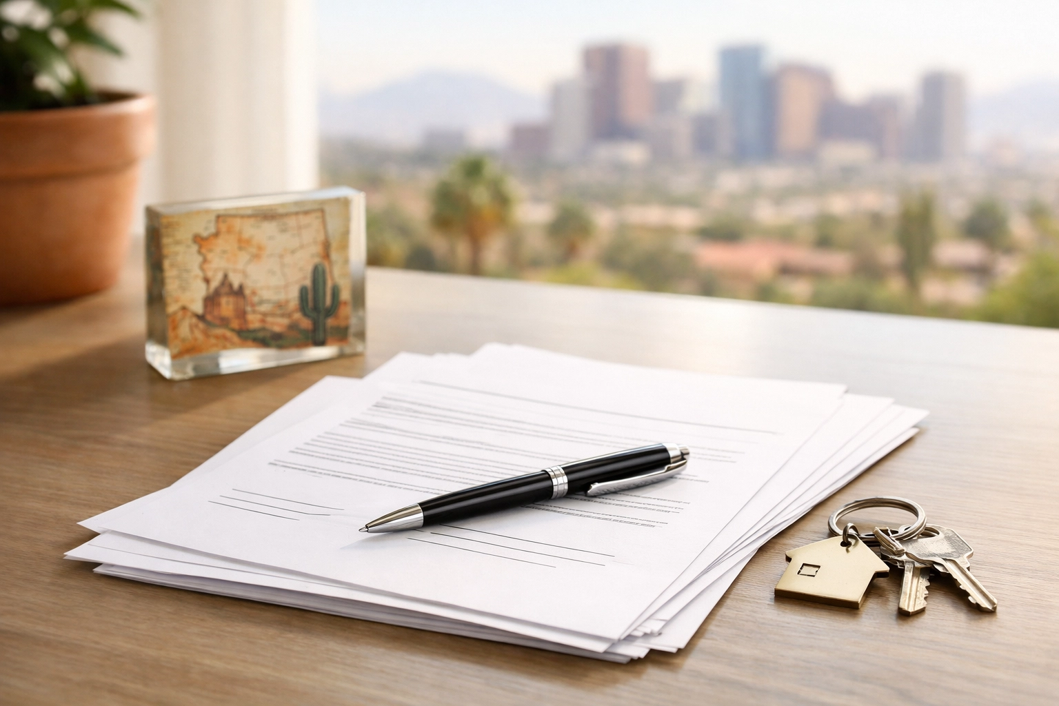 Real estate closing documents, a pen, and house keys on a desk—Arizona home closing visual with no text. Real estate closing documents, a pen, and house keys on a desk—Arizona home closing visual with no text.