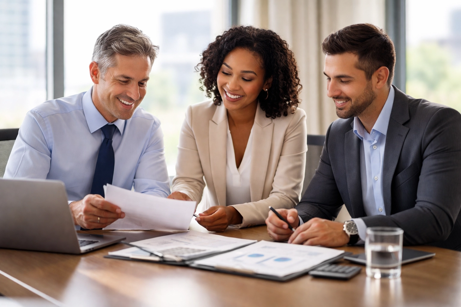 Financial advisors and estate planners collaborating in a modern office, showing integrated wealth strategy.