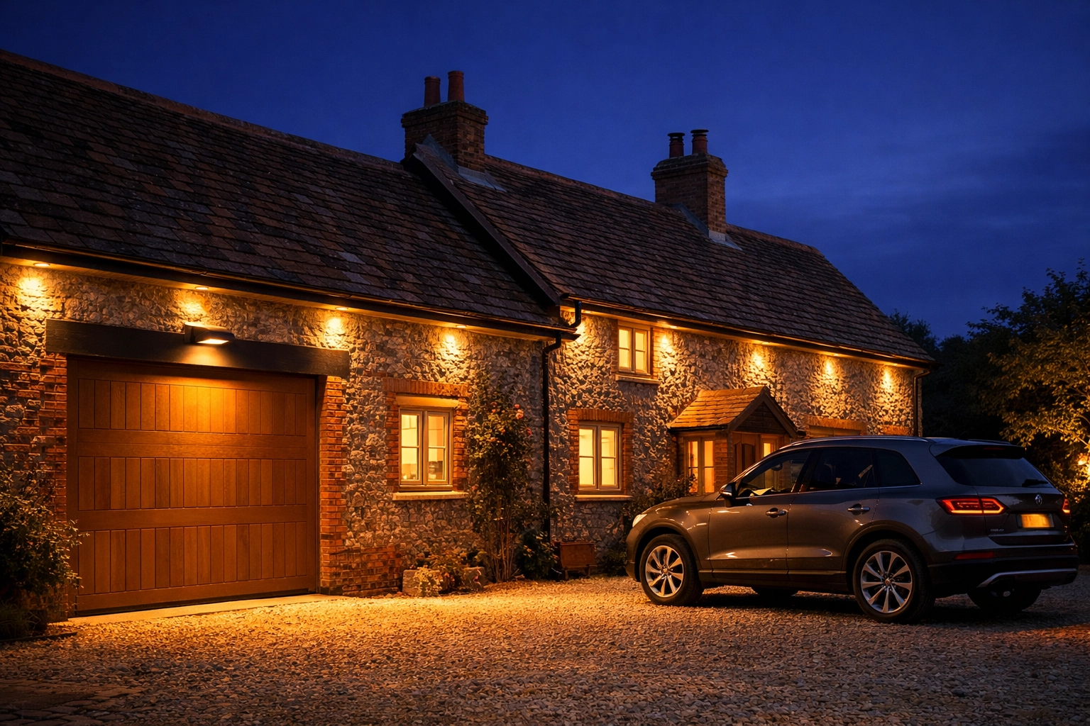 Outdoor LED security lighting and downlights installed on a traditional Dorset stone cottage at twilight.