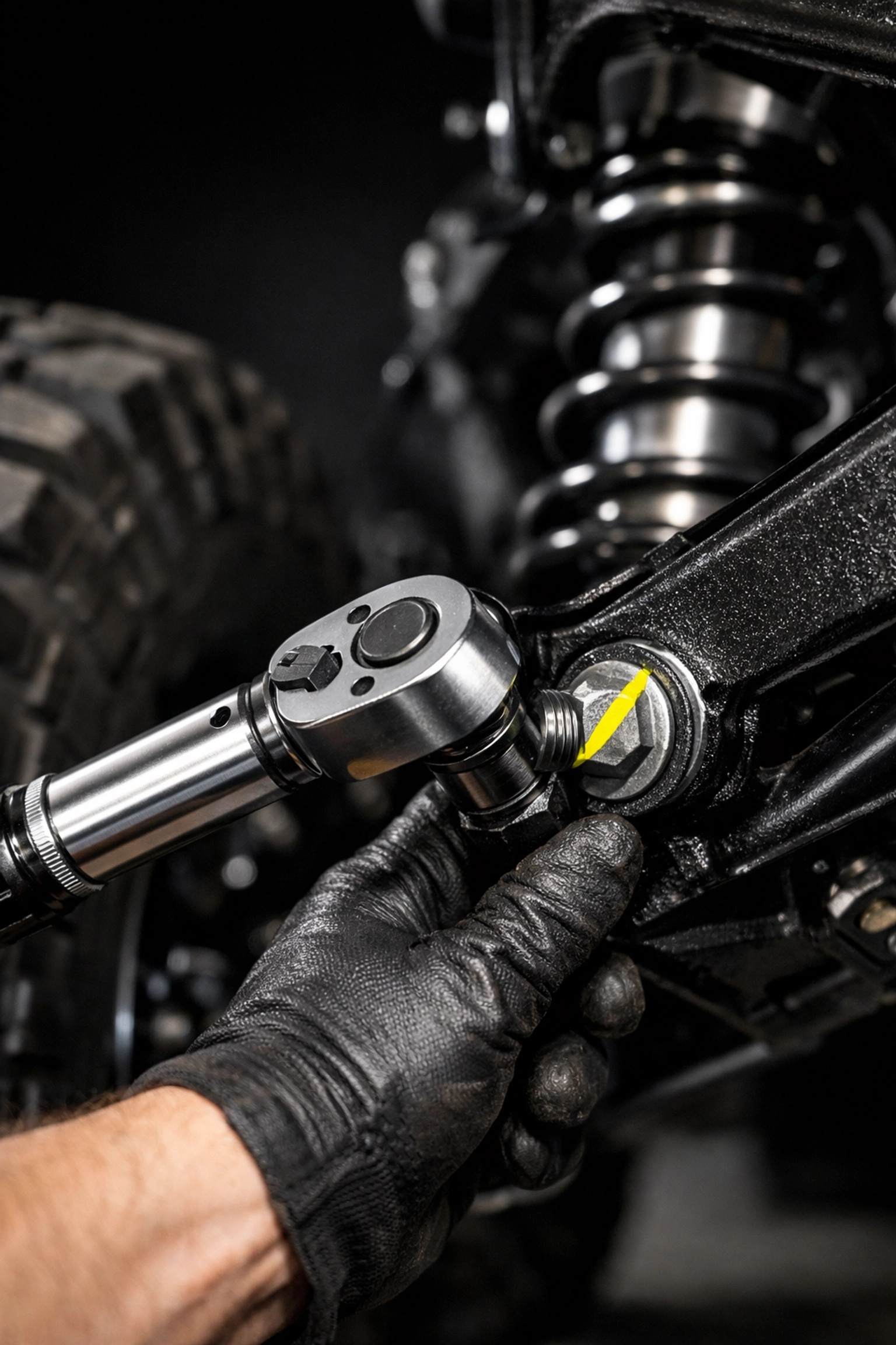 Professional mechanic performing a pre-trail suspension bolt check with a torque wrench for off-road safety.