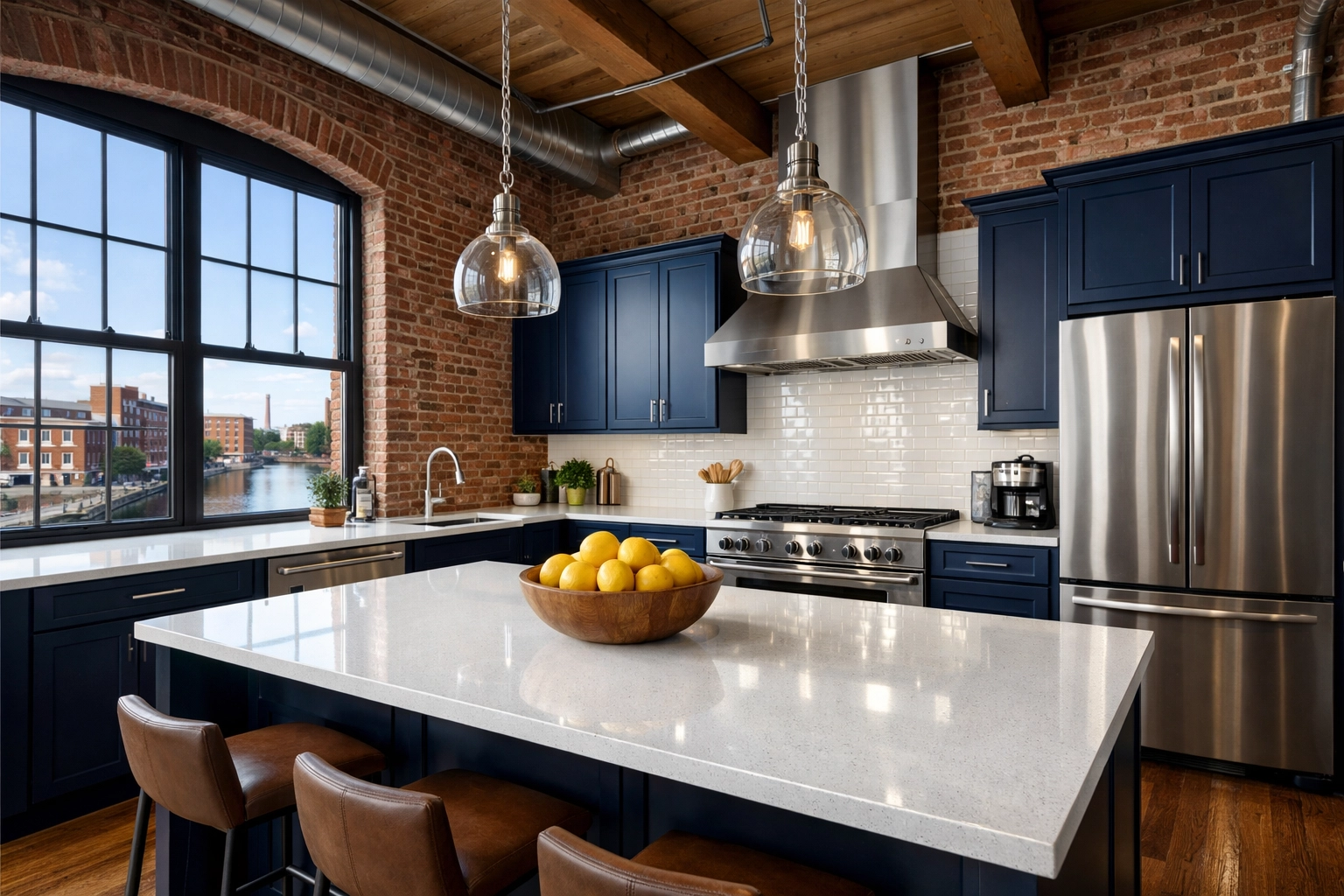 Deep cleaning Lowell results in a spotless industrial loft kitchen with polished quartz countertops.