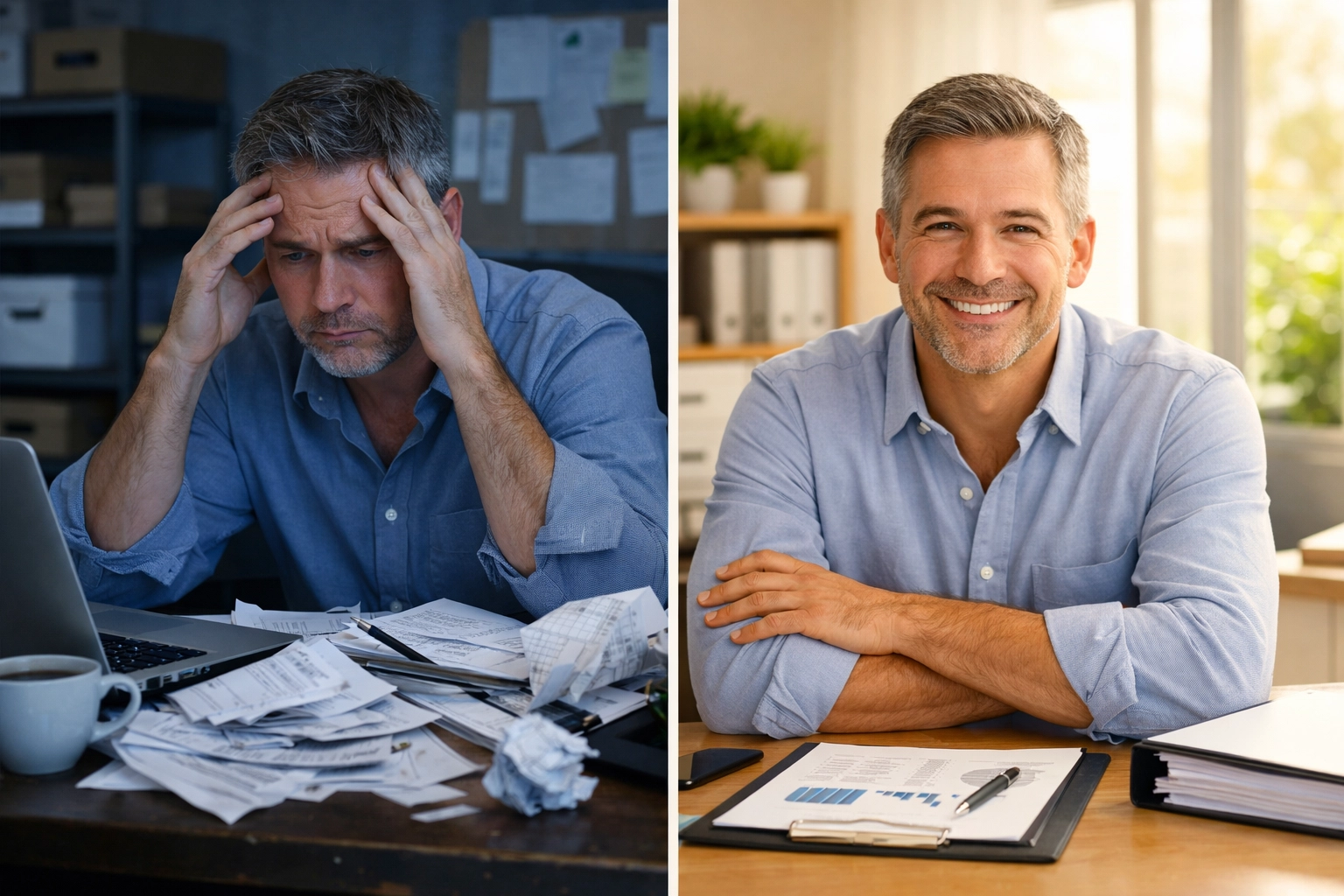 Before and after: disorganized vs organized business owner preparing loan application