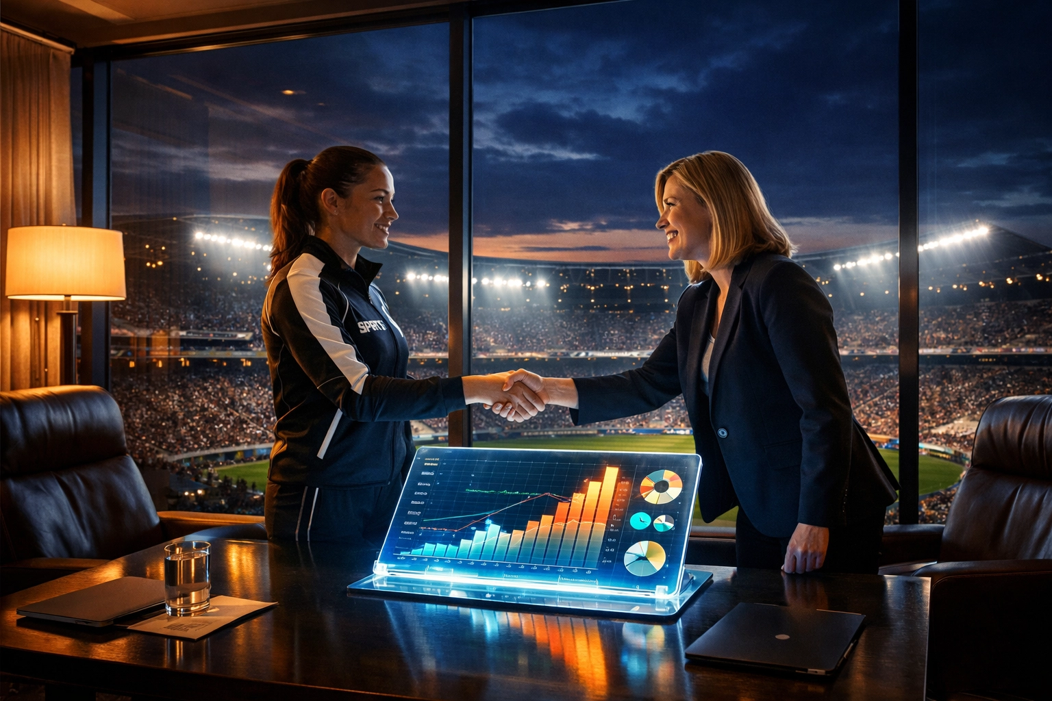 Professional athlete and marketing executive shaking hands on a successful NIL branding partnership.