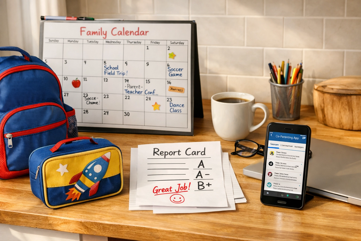Organized parenting workspace with family calendar and co-parenting communication tools