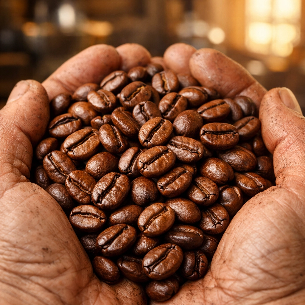 Hands holding freshly roasted specialty coffee beans in an artisanal roastery setting.