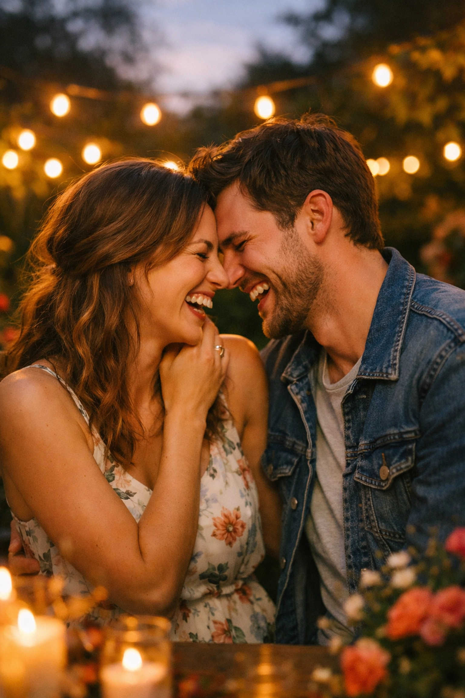 A happy couple laughing and sharing a genuine connection after their first kiss.