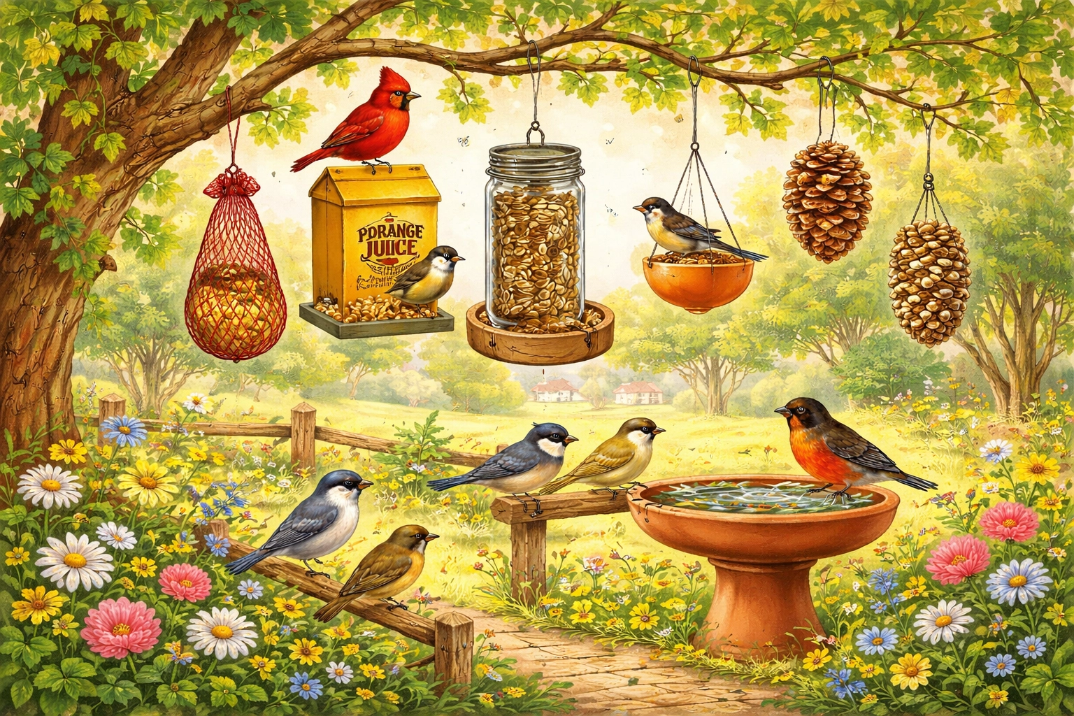 Backyard bird sanctuary with various handmade feeders and songbirds, promoting recycled DIY bird feeders