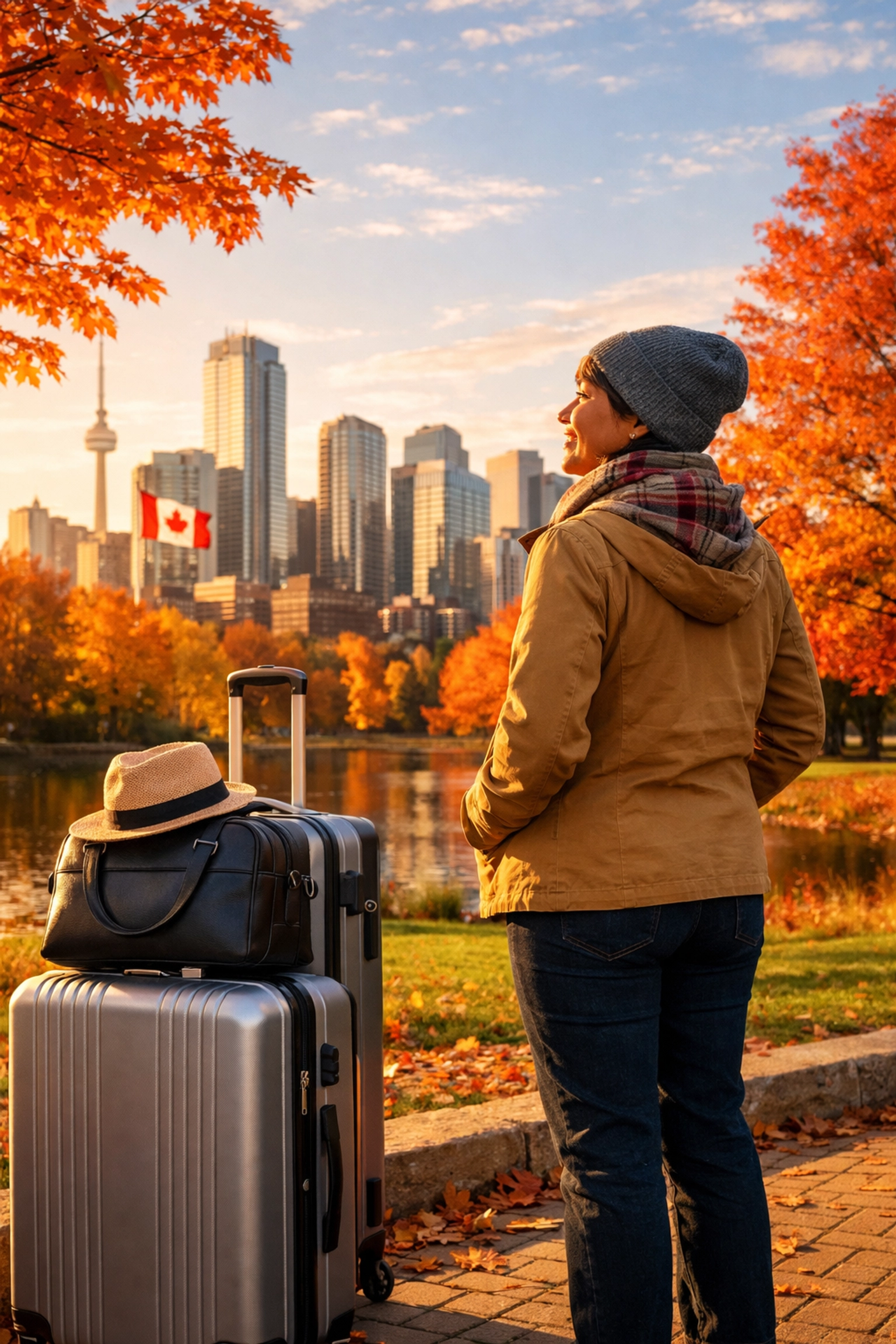 New Canadian permanent resident with suitcases standing in a scenic park near a modern city skyline.
