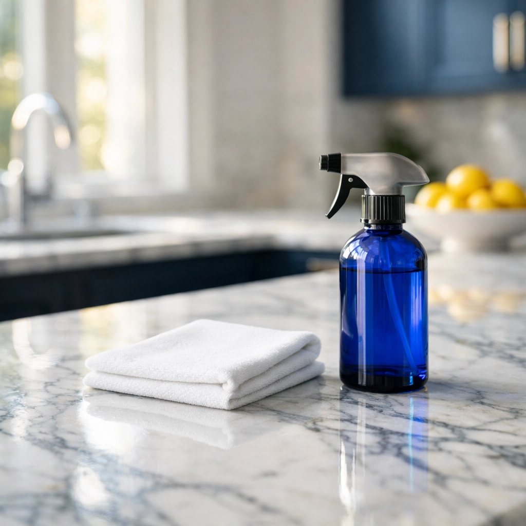 Luxury House Cleaning in Brookline MA using eco-friendly products on a white marble kitchen island.