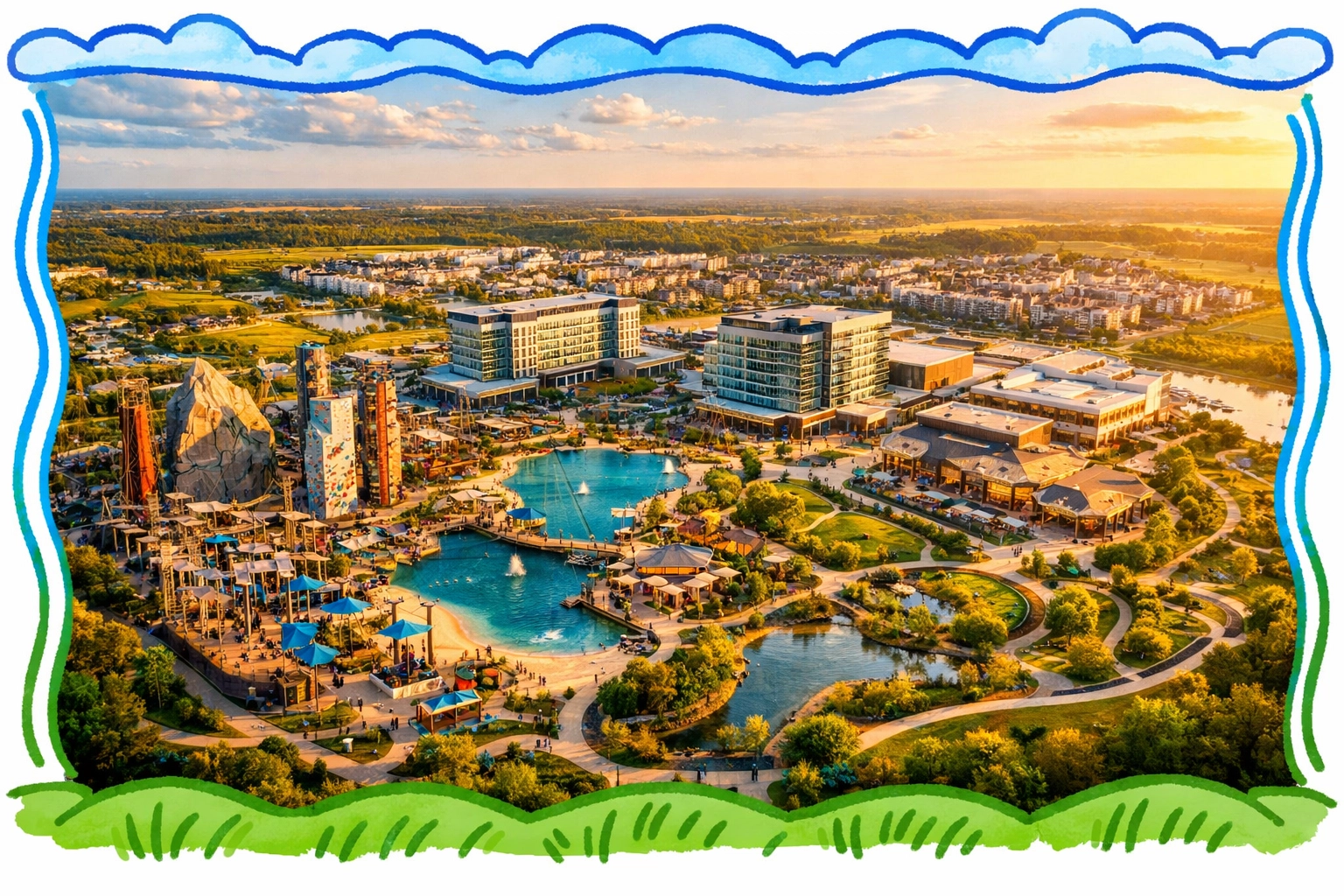 Riverside Adventure Center mixed-use development with adventure park, hotels, and housing on 126 acres