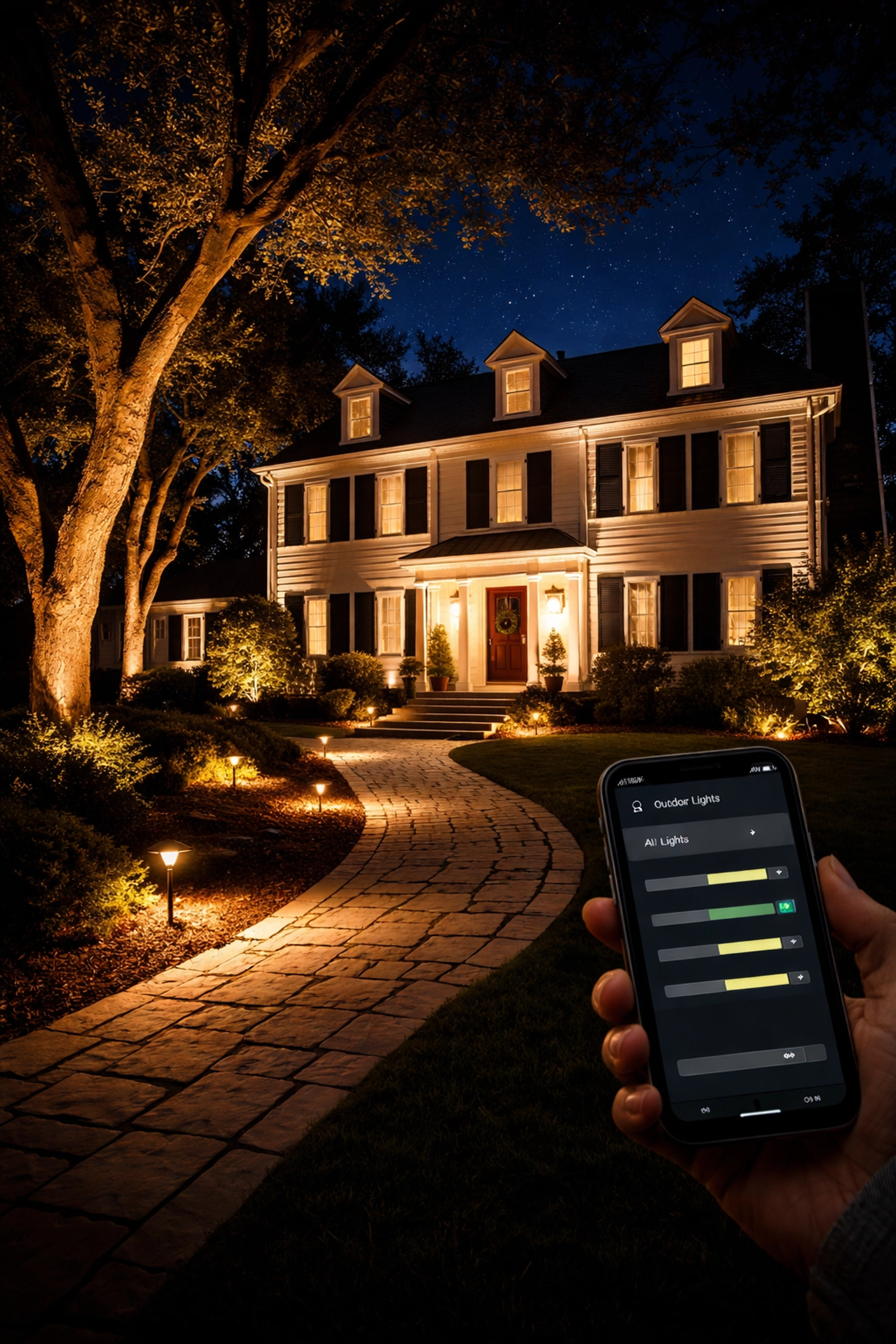 Chevy Chase colonial home illuminated at night with smart landscape lighting and remote control via smartphone