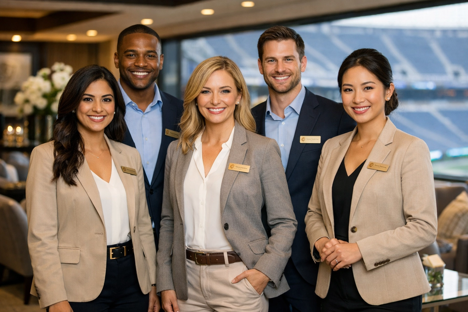 Professional hospitality team providing elite service in a luxury Super Bowl stadium VIP suite.