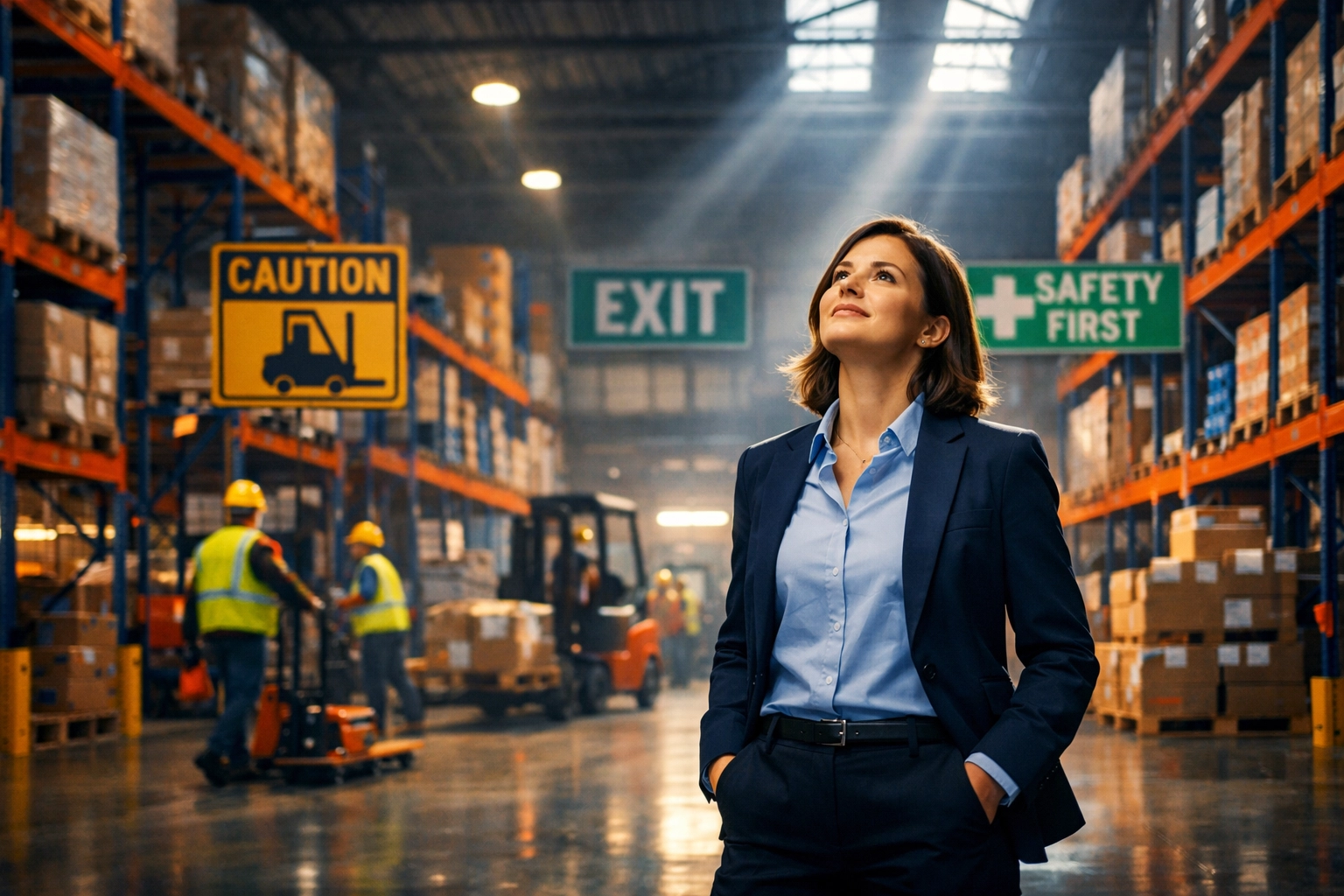 Warehouse leader envisioning future safety while workers follow protocols in background