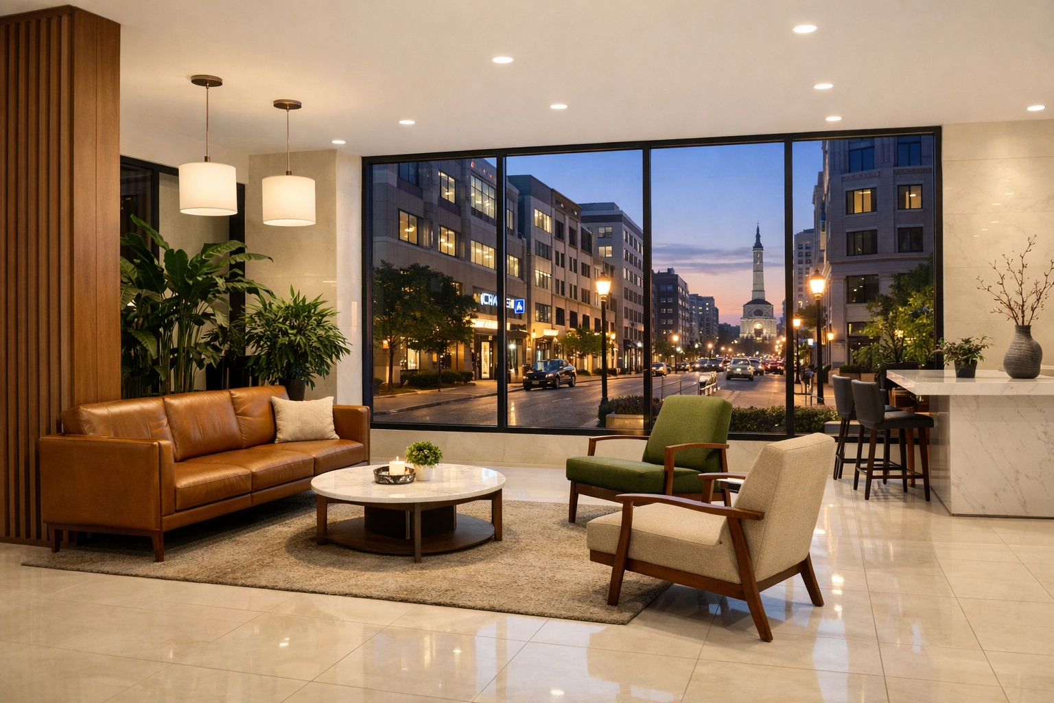 Clean and modern Indianapolis multifamily apartment lobby highlighting expert property management maintenance.