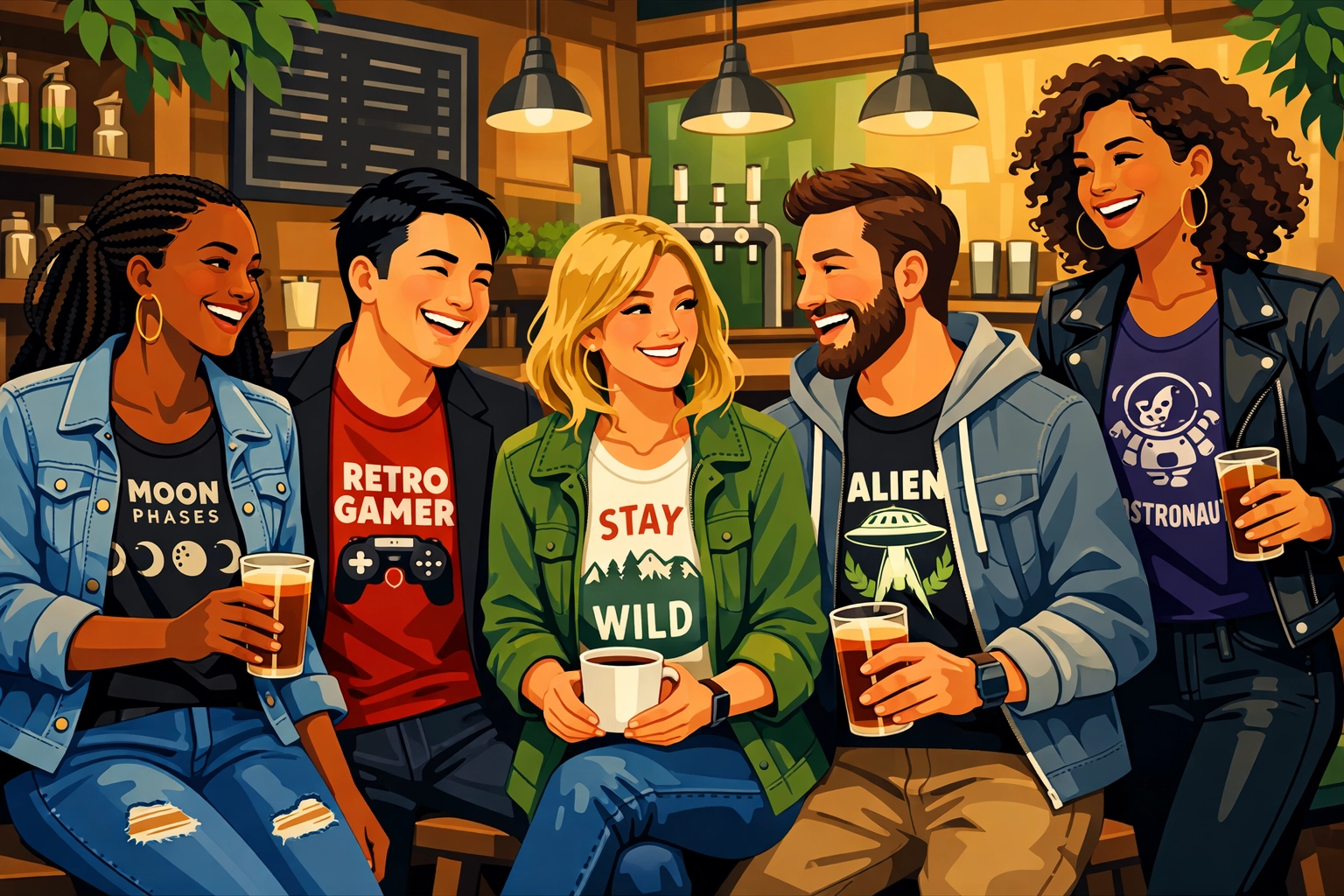 Friends wearing graphic tees with blazers and jackets at casual brewery gathering