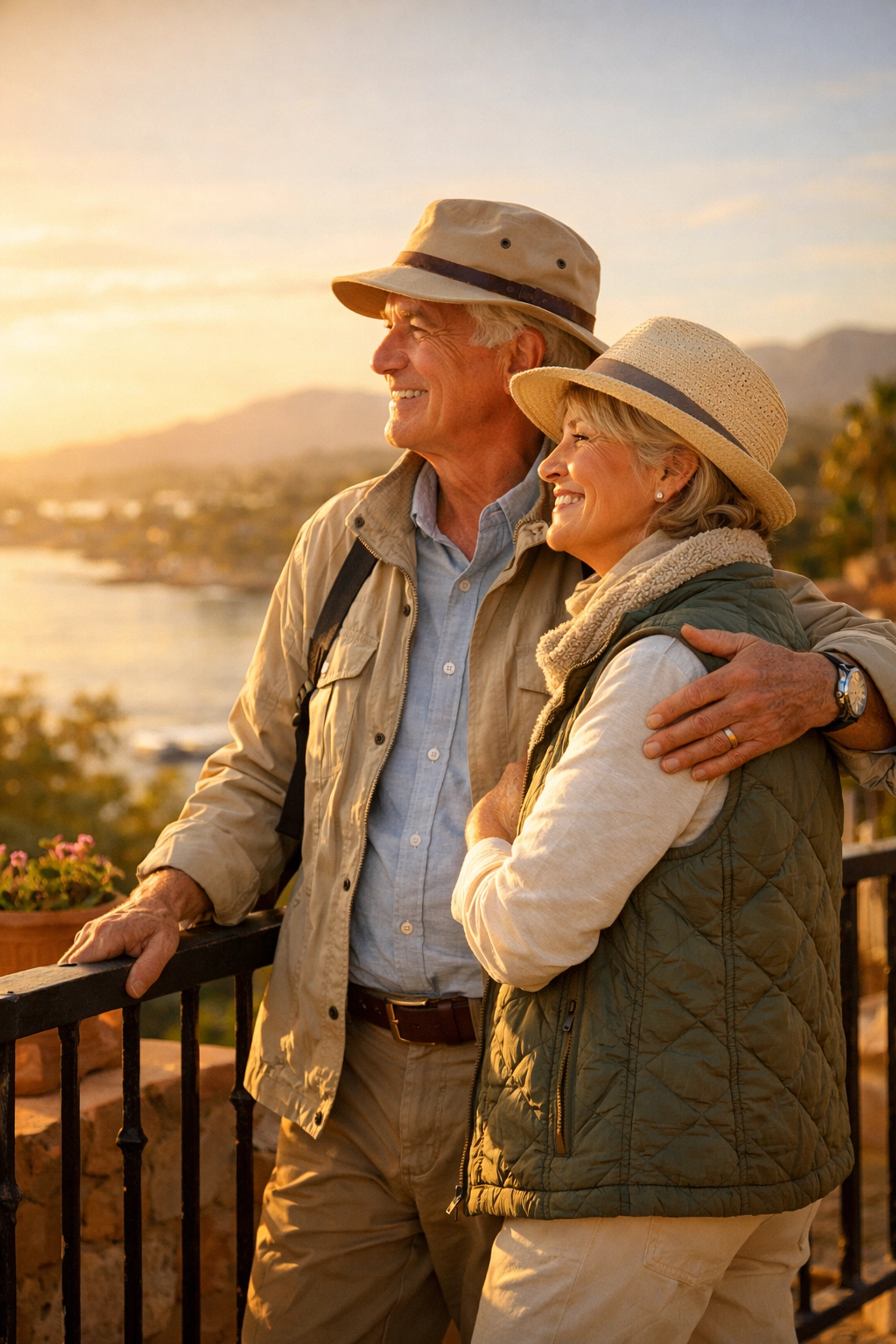 Senior couple enjoying travel freedom provided by flexible Medicare Advantage or Supplement plans.