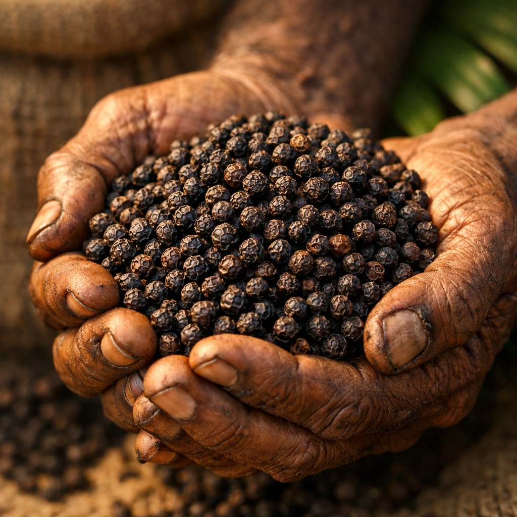 Premium organic black peppercorns sourced directly from farms in Kerala.