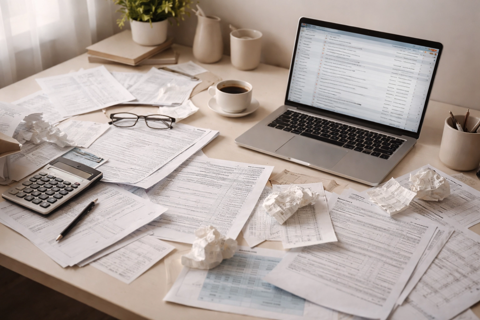 Overhead view of a tax professional's cluttered desk with piles of documents, receipts, and a busy laptop inbox, illustrating inefficiency before tech upgrades.