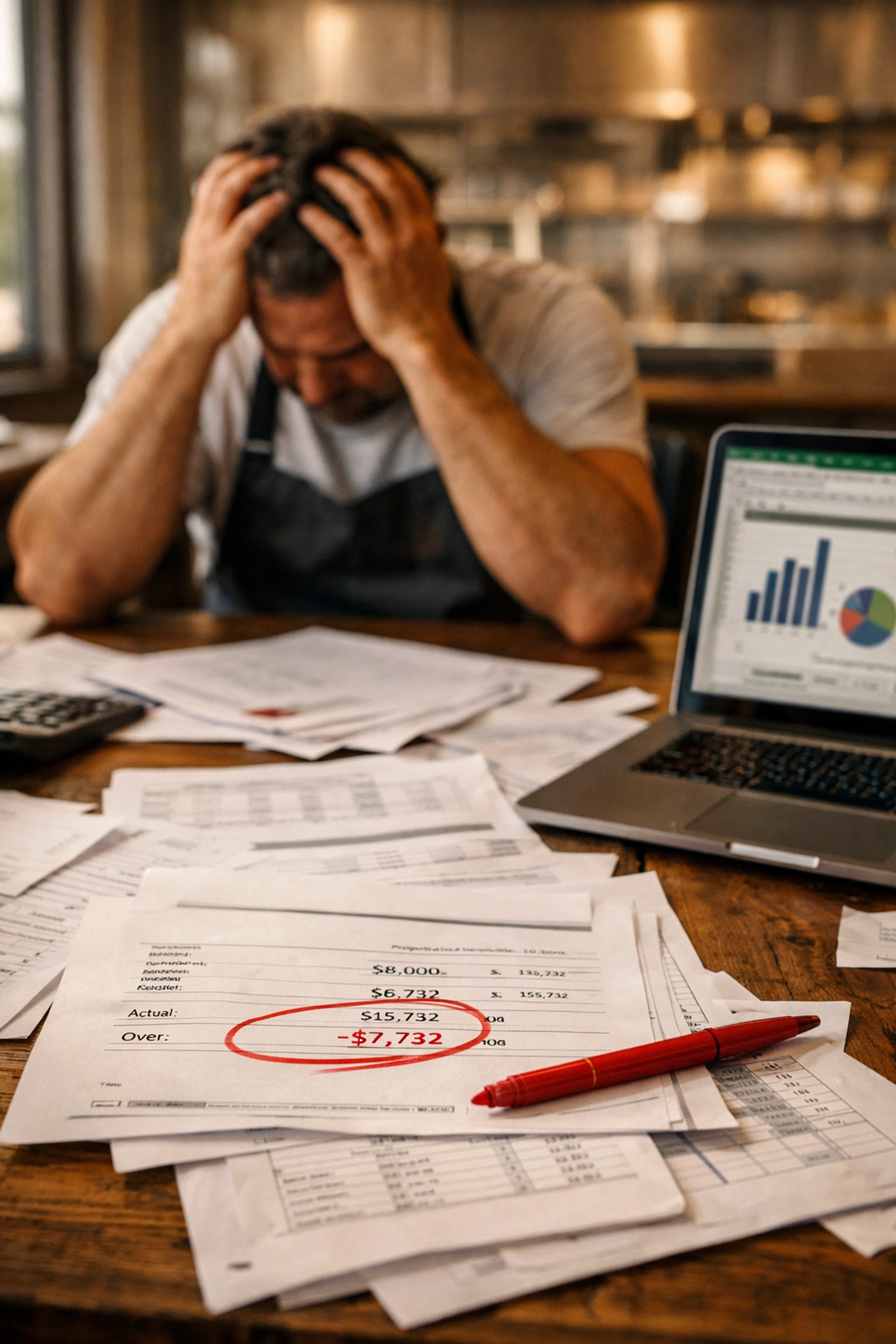 Restaurant owner reviewing financial documents showing budget discrepancies in business plan