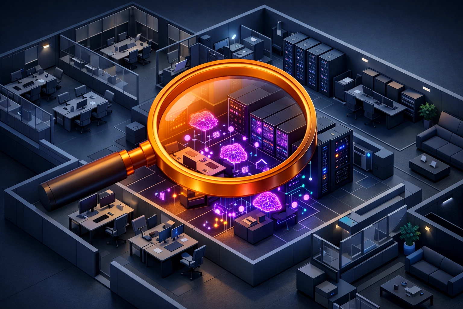 Magnifying glass over an office floor plan detecting hidden AI in the workplace and unauthorized data nodes.