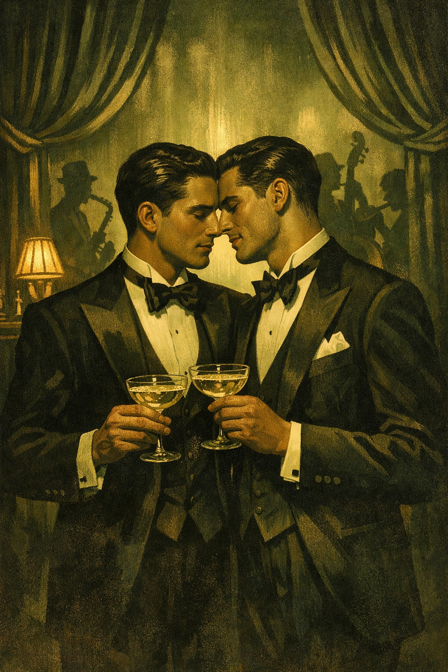 Two men in tuxedos share an intimate moment in a 1920s gay speakeasy with champagne and jazz