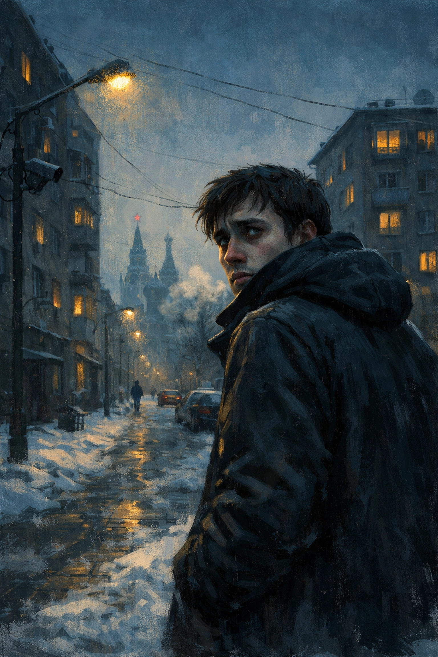 Man looking over shoulder on snowy Moscow street illustrating fear and isolation in MM romance