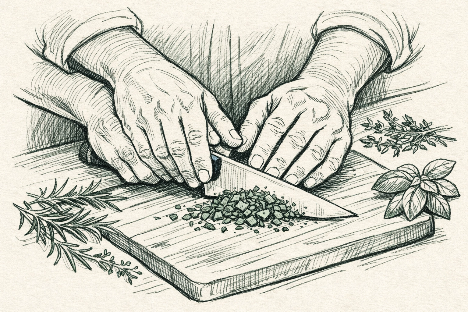 Male chefs' hands collaborating while chopping fresh herbs, symbolizing trust in MM romance