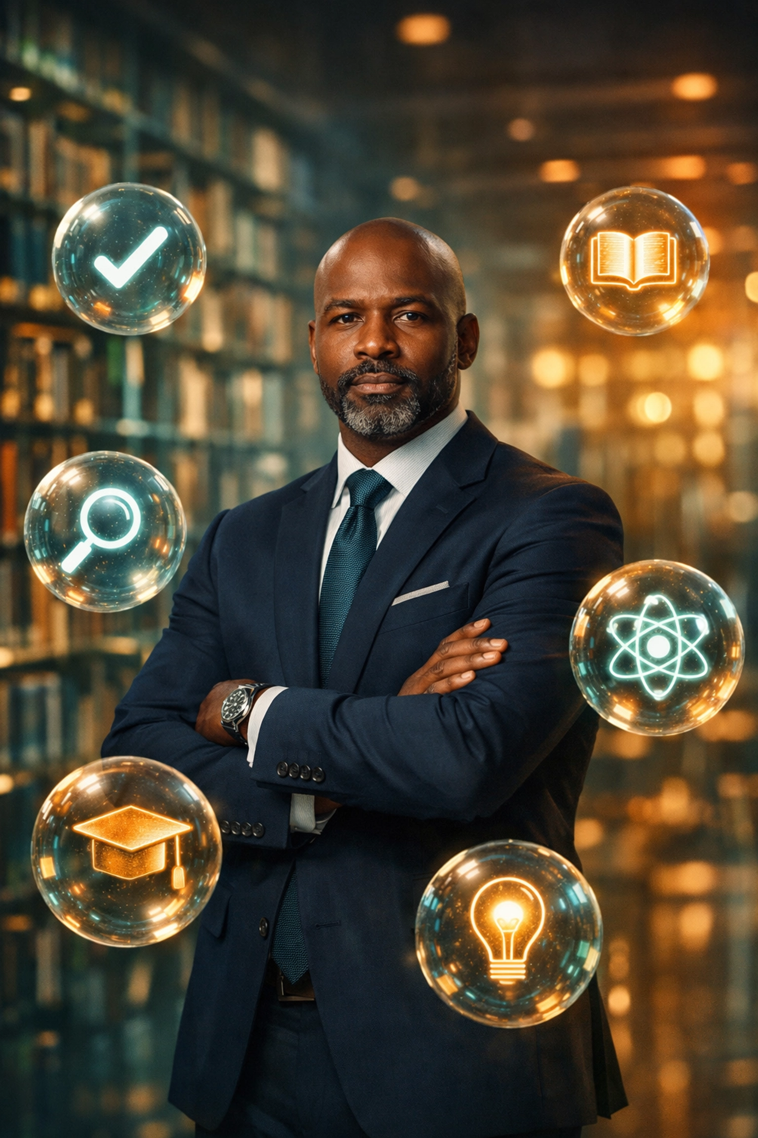 A professional expert in a library setting representing E-E-A-T and person entity authority for content.