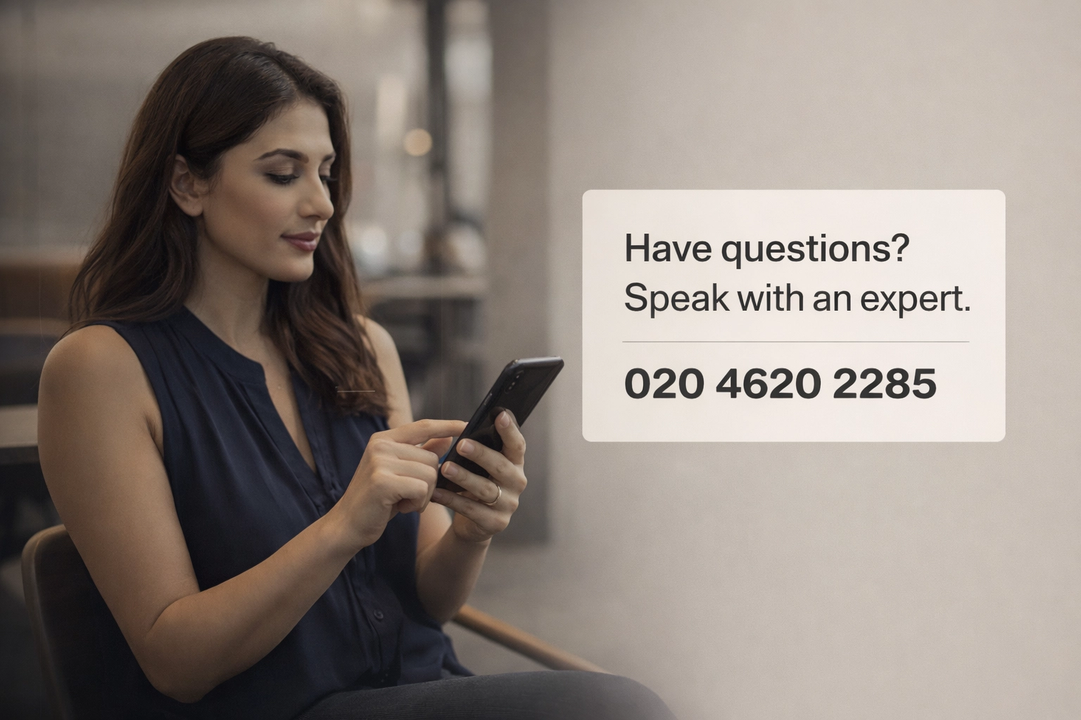 AI technology consulting in a London office with purple neural network overlays for business automation. A sleek, futuristic office in London with a glowing purple digital overlay representing AI connectivity and infrastructure.