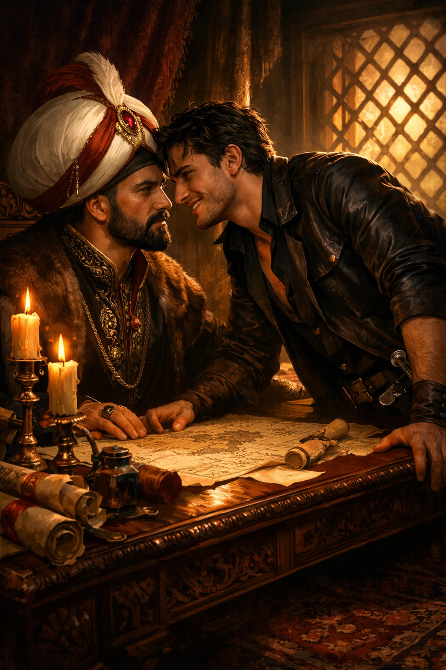 A Vizier and a spy sharing a passionate, tense encounter over maps in a candlelit Ottoman study.