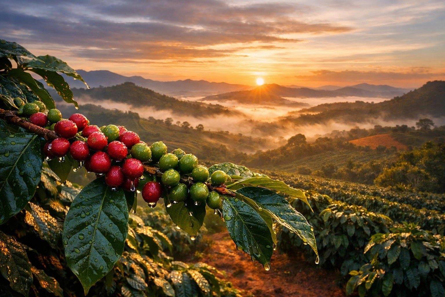Coffee cherries ripening on a tree at dawn in a misty mountain plantation.