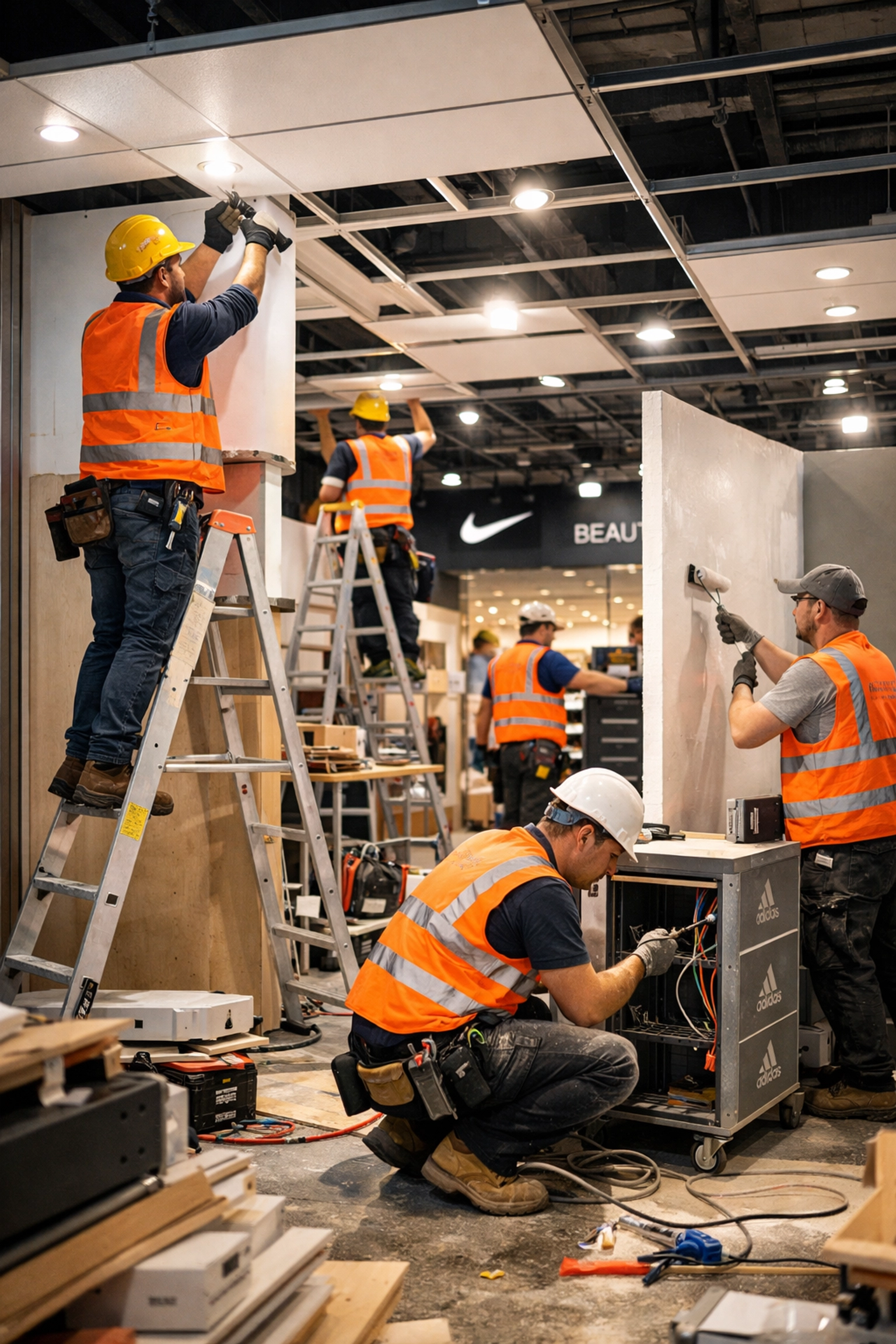 Skilled tradespeople installing ceiling panels during night-shift retail store refurbishment