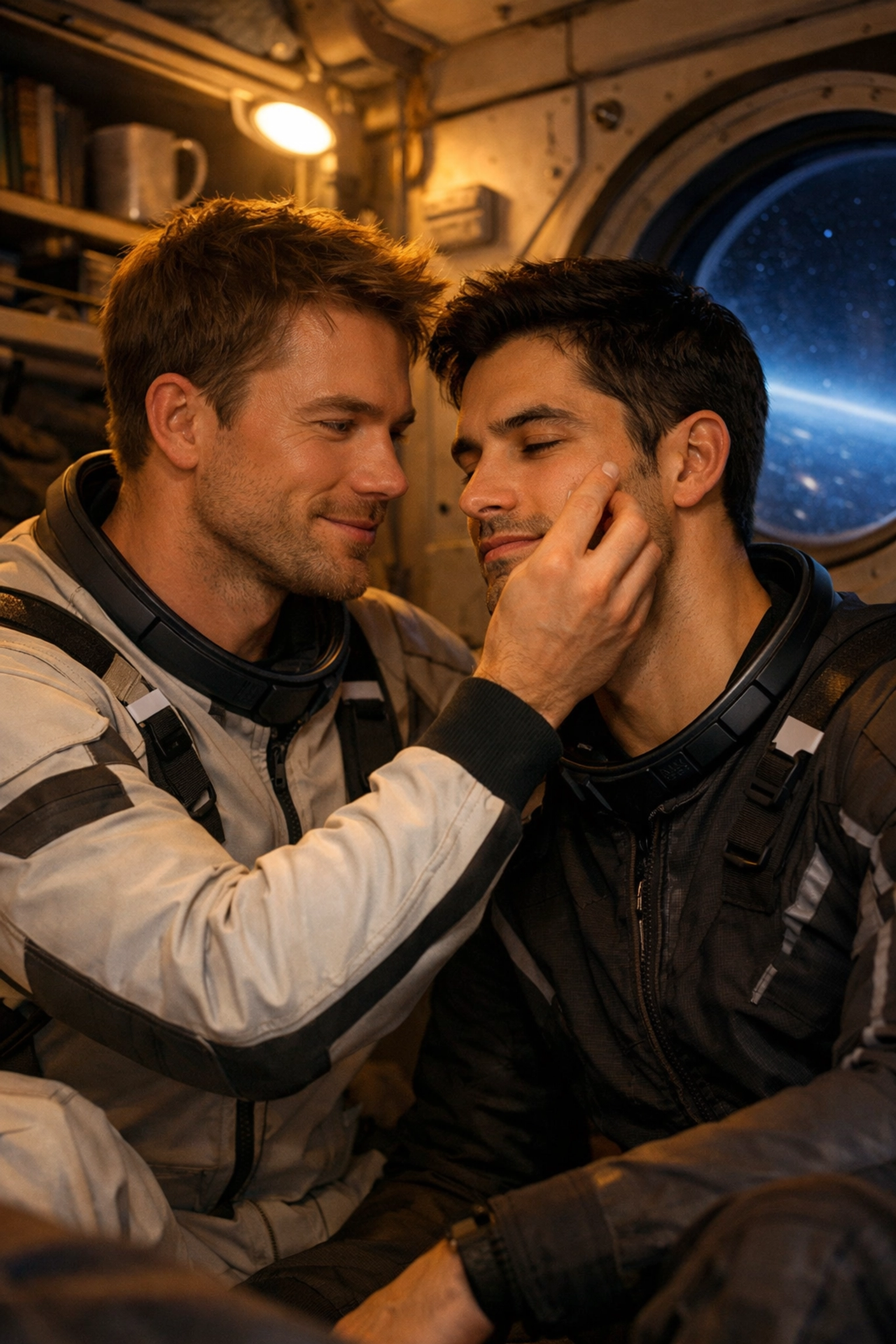 Tender slow burn moment between two male astronauts in a cozy cabin, illustrating MM romance books tropes.