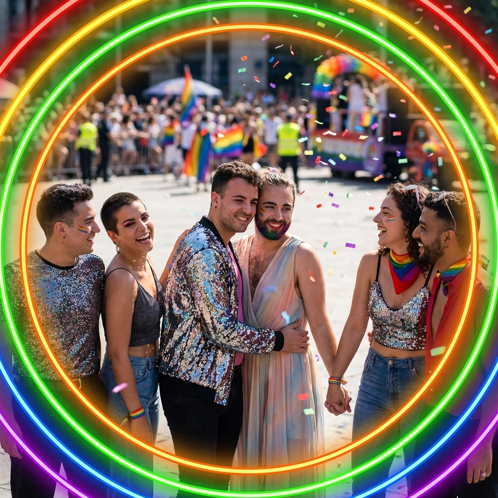 A diverse group of friends, including trans women and crossdressers, celebrating together at a pride event.