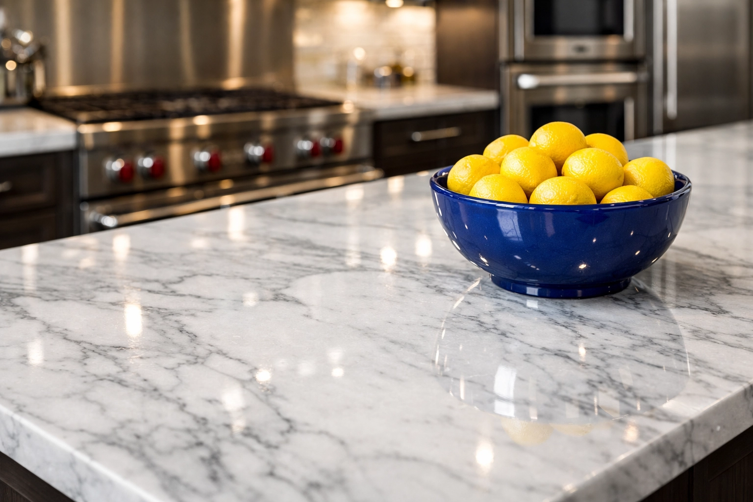 Meticulously cleaned Stow kitchen featuring streak-free stainless steel appliances and polished marble countertops.