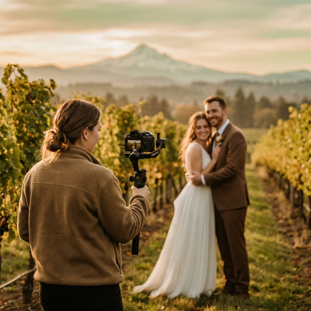 Female videographer films couple at golden hour in Oregon vineyard, showcasing cinematic wedding videography.