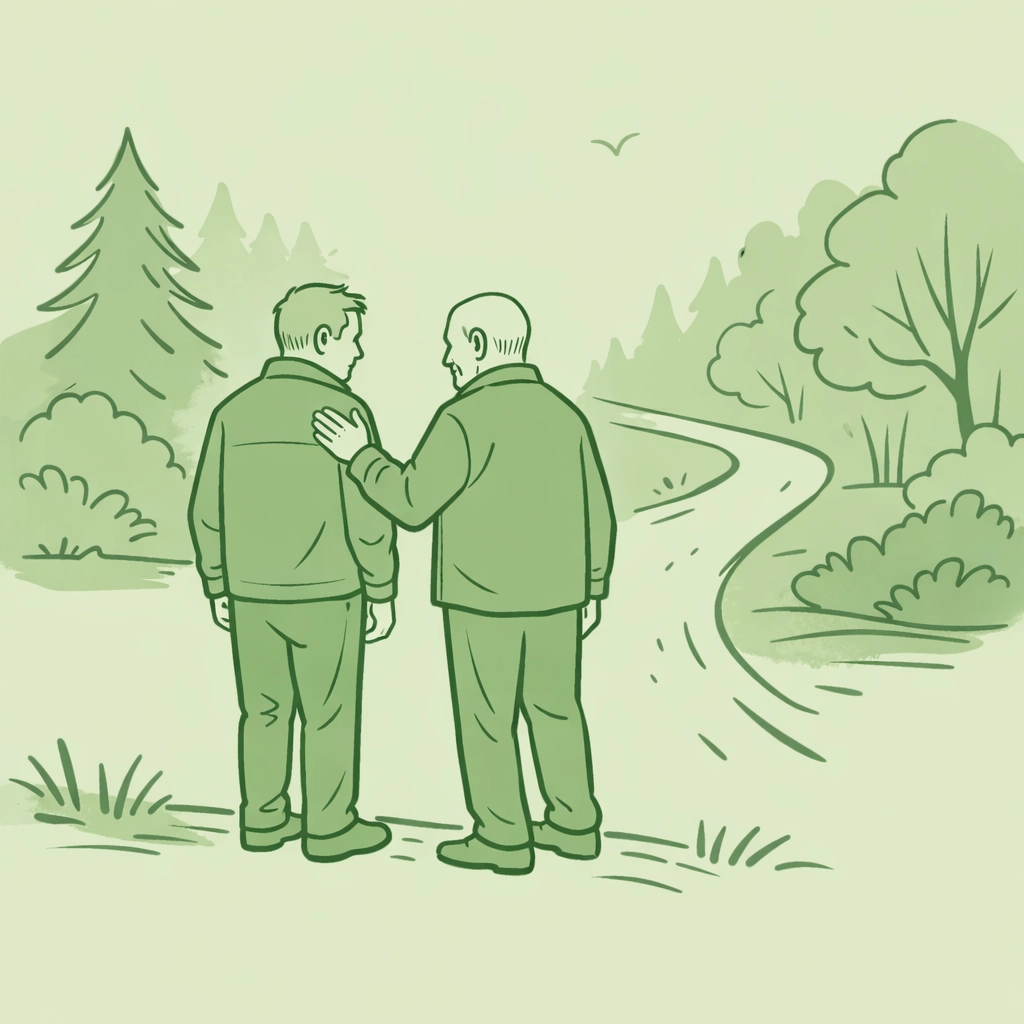Illustration of two mature men starting a new journey together, symbolizing the courage of coming out later in life.