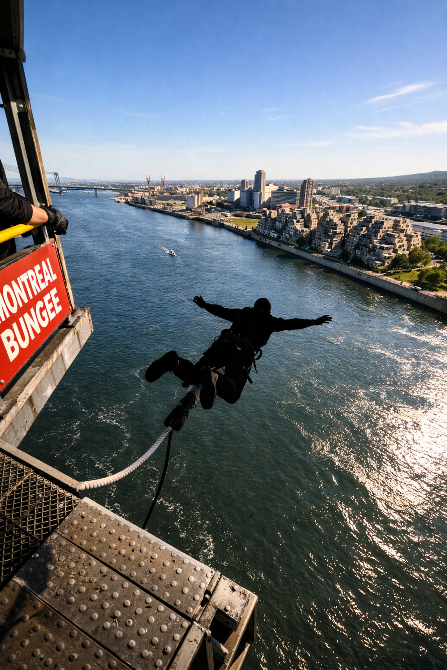 Person bungee jumping from 210 feet over the St. Lawrence River in Montreal's Old Port.