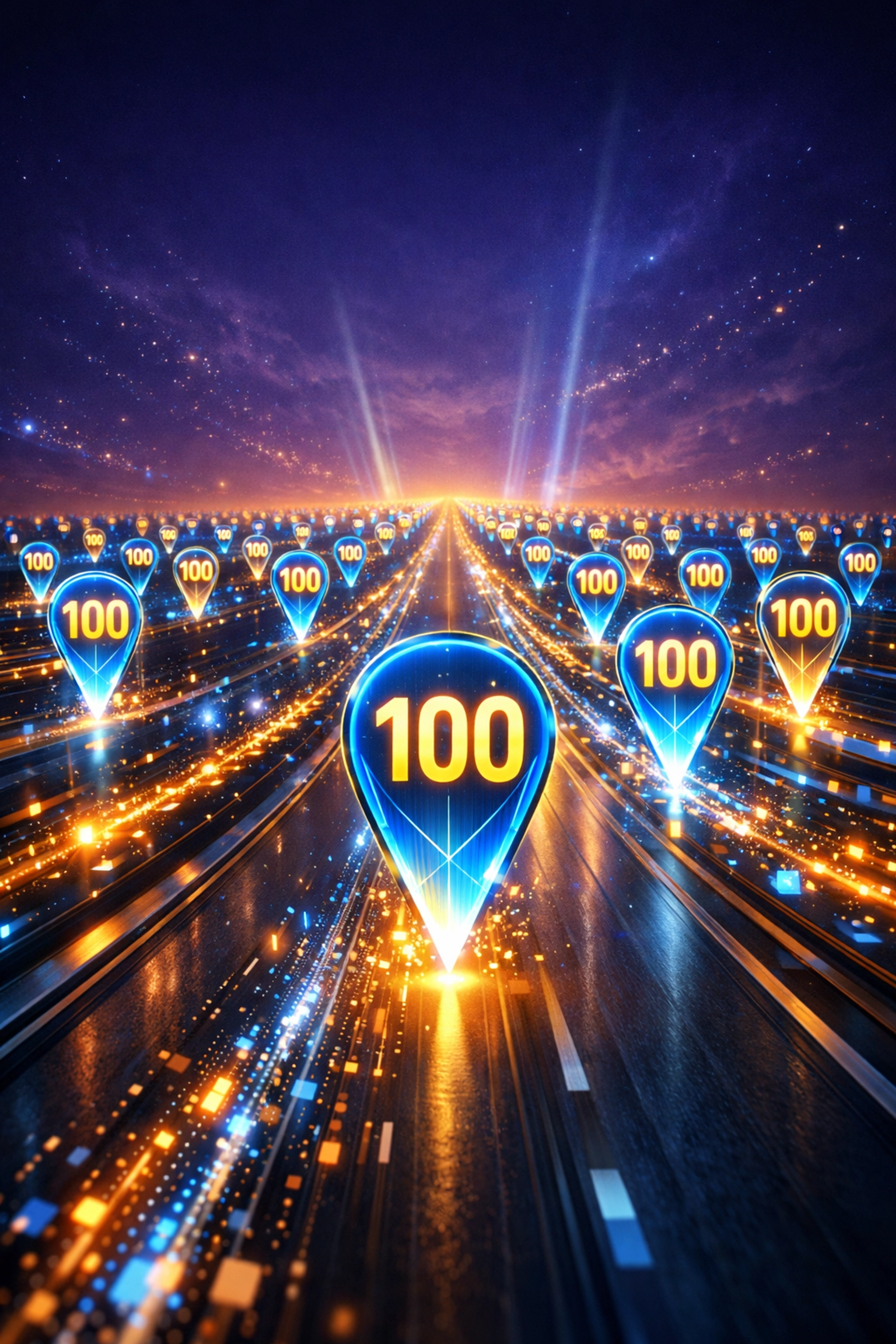 Larecoin's 100-post Web3 payments journey with milestone markers along a digital highway