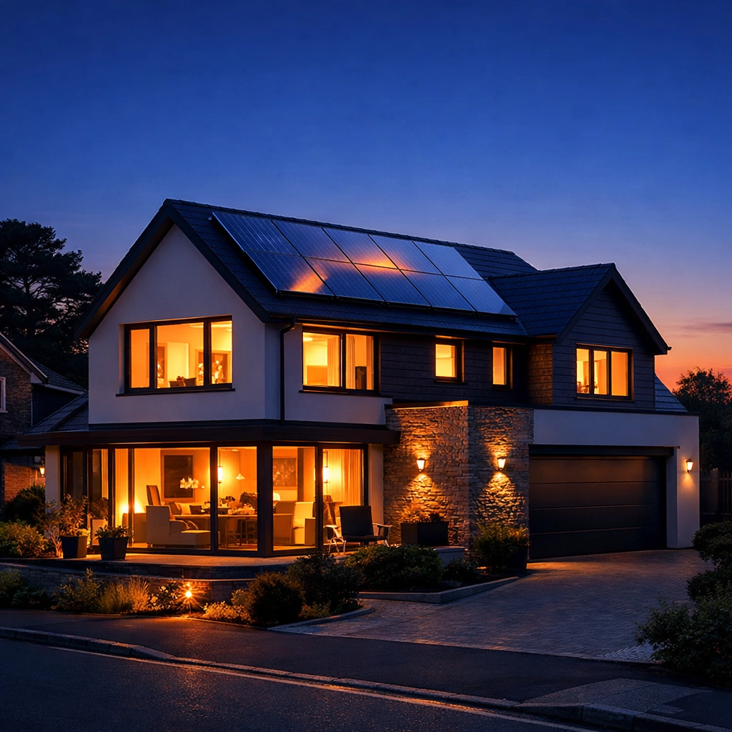 Modern Poole home with solar panels using stored battery energy during evening peak hours.
