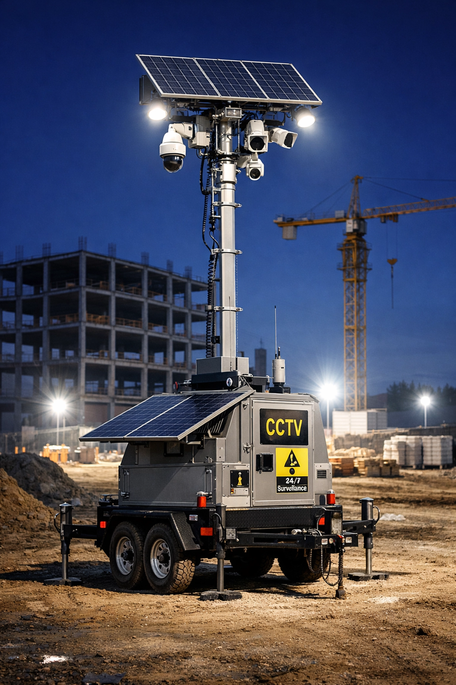 Industrial mobile CCTV tower providing high-definition surveillance at a modern UK construction site at night.