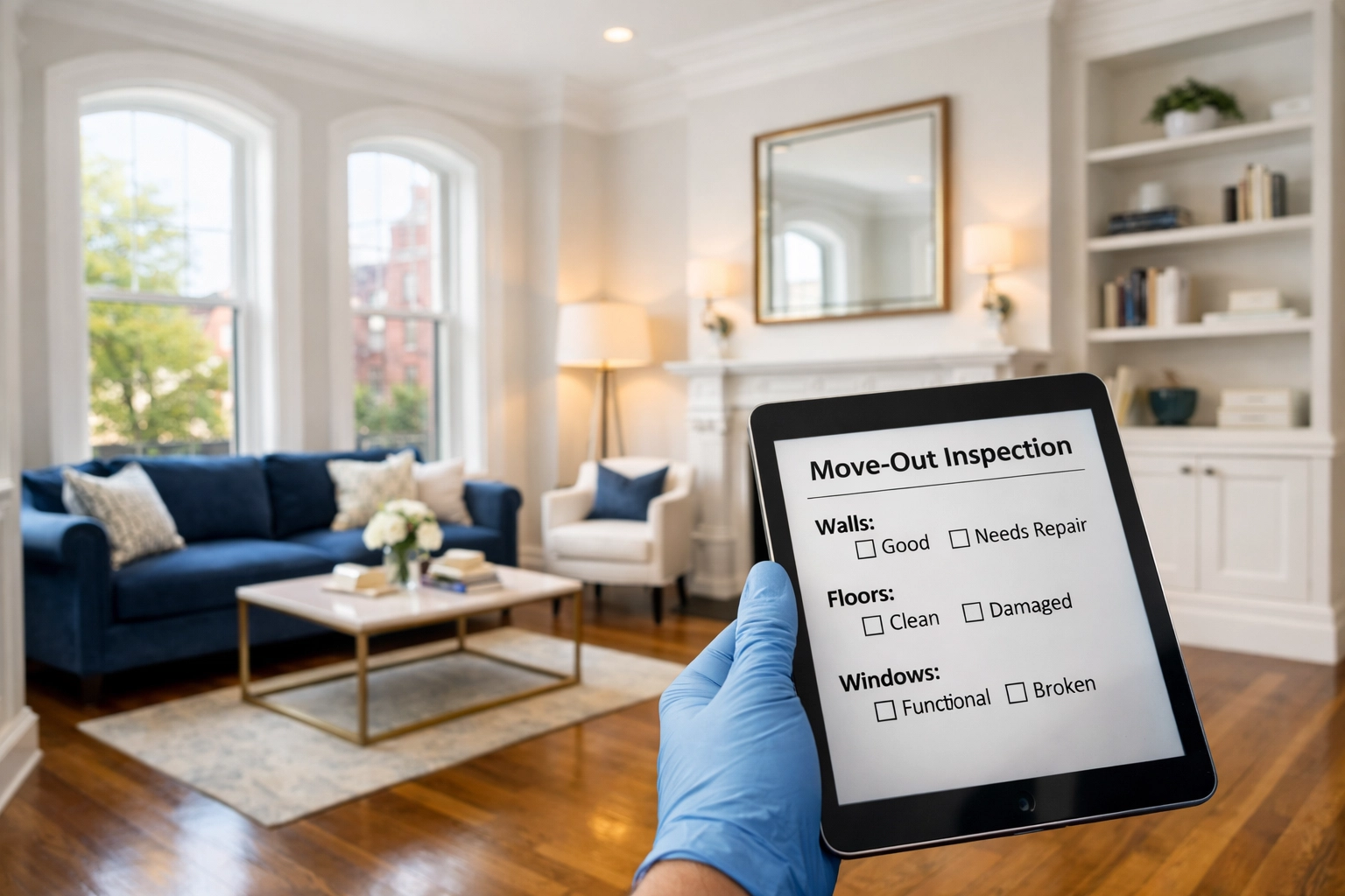 Professional move-out inspection with a tablet in a clean Boston brownstone apartment turnover.