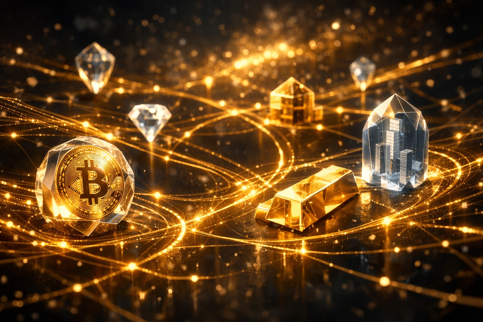 An abstract visualization of a connected financial portfolio including digital assets, gold, and real estate.