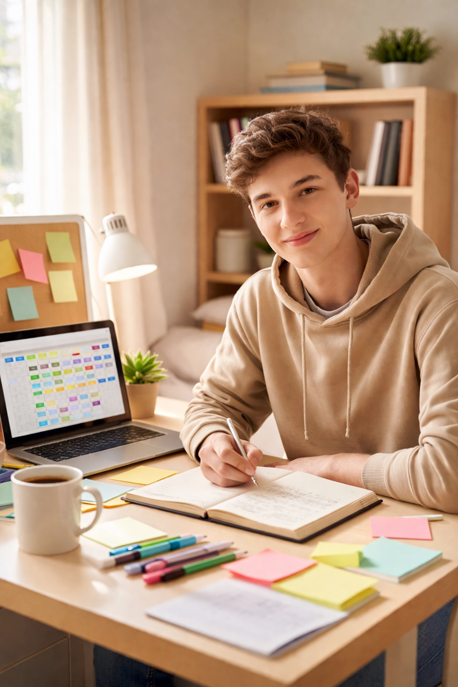 High school student focused on SAT study plan at a tidy desk with study tips materials and planner