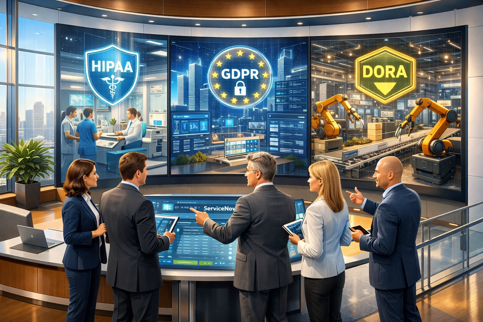 Compliance team analyzing DORA and GDPR requirements for ServiceNow implementation across industries