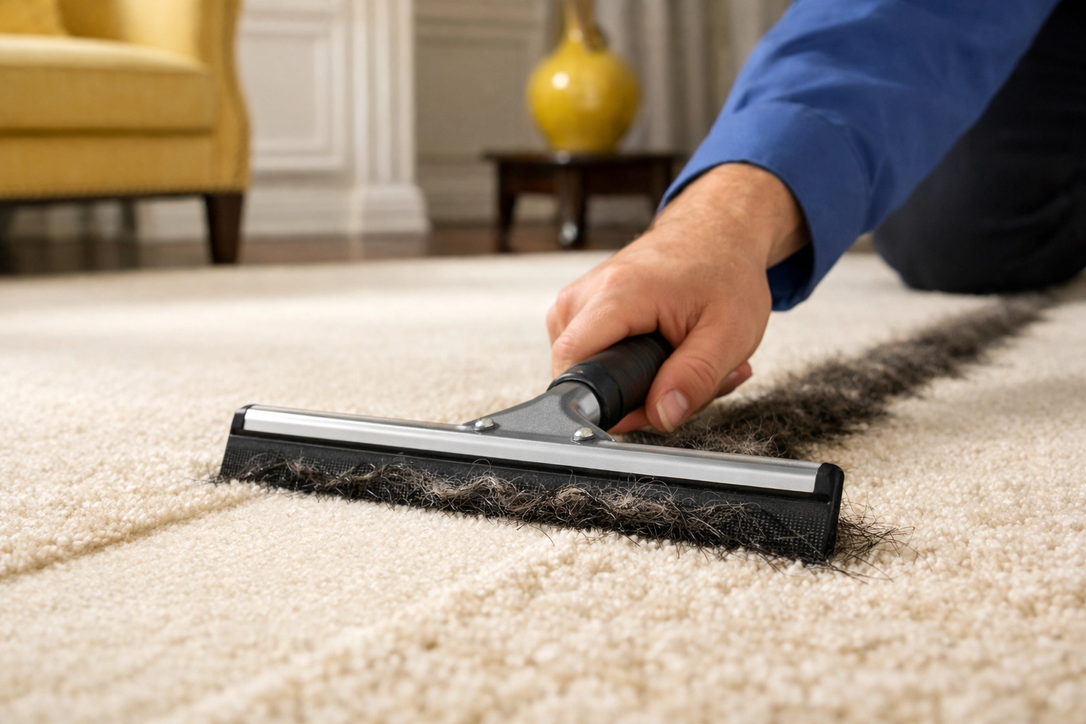 Using a squeegee to remove deep-seated pet hair from a cream carpet during weekly house cleaning.