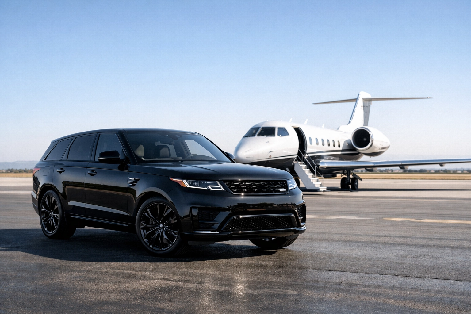 Luxury executive SUV parked at a private jet terminal providing premium car services.