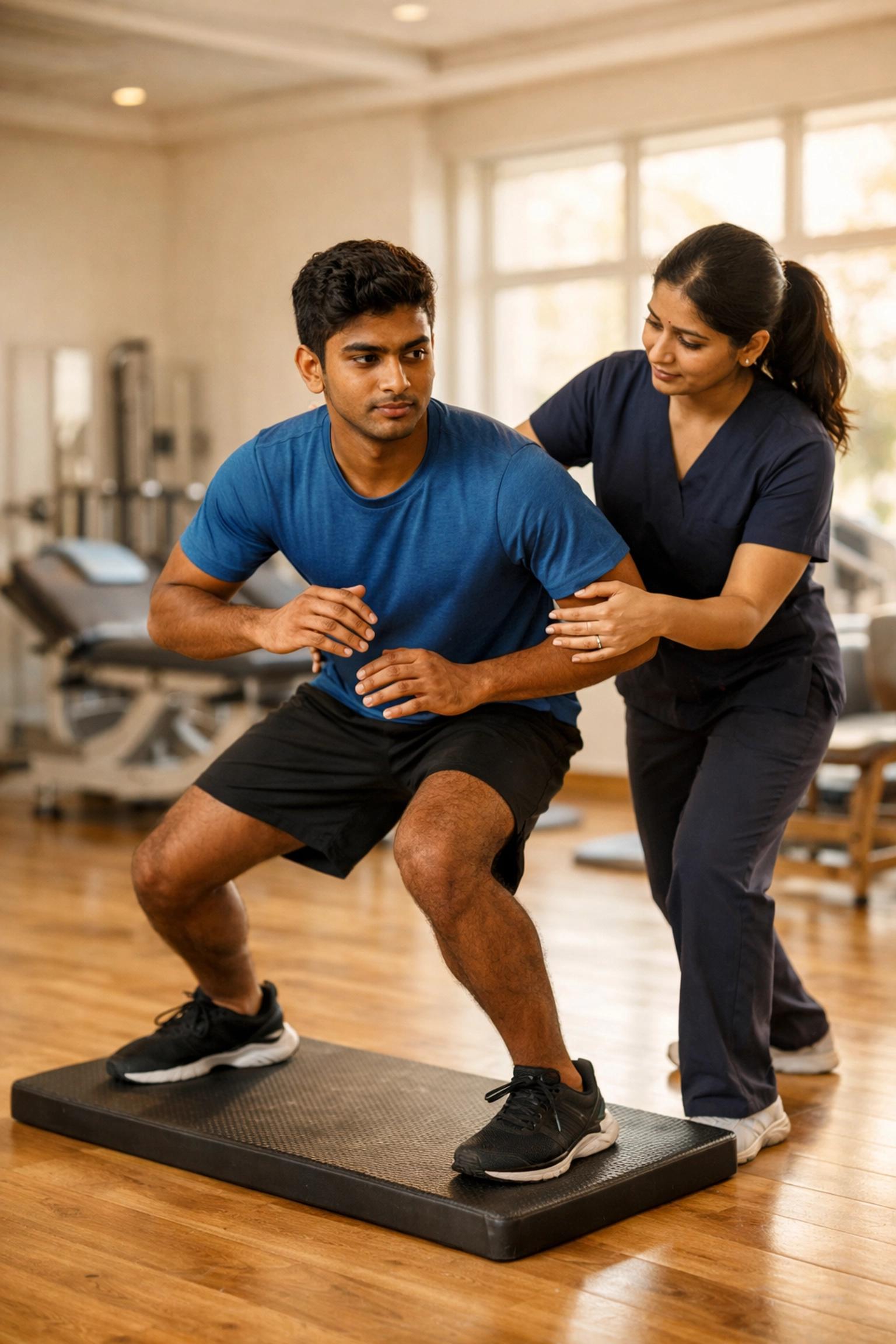 Athlete performing stability exercises with a physiotherapist for sports rehab in Kozhikode.