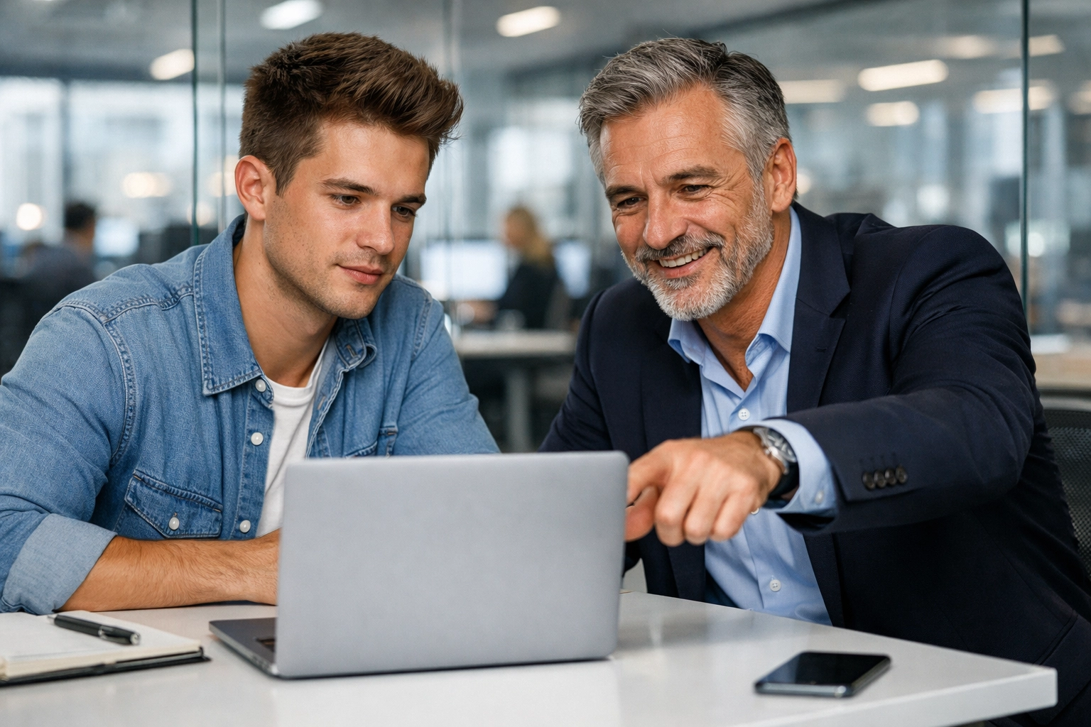 Tech mentor and young apprentice collaborating in a modern office to build a responsive recruitment culture.