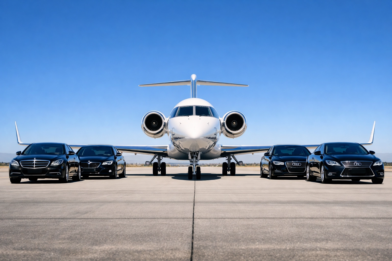 Private jet and premium executive sedans highlighting white-glove logistics for Super Bowl corporate travel.